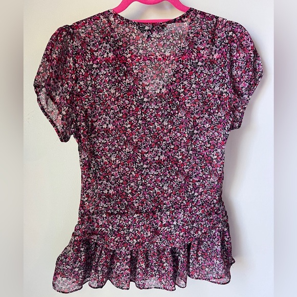 Express Women’s Floral Ruffle V-Neck Top | Size S | Magenta, Red, Pink, Black - Picture 2 of 8